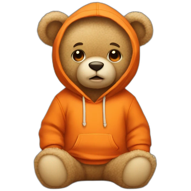 A cute beige teddy bear wearing an orange hoodie. His eyes are black. He's sitting on his butt. emoji