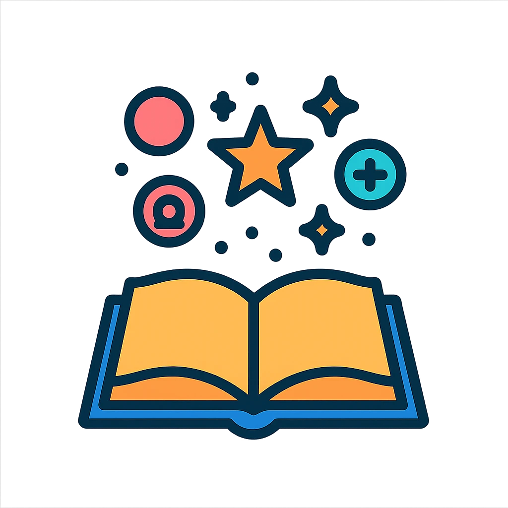 open book with flying sparks and glowing symbols, magical atmosphere, shadows and highlights, colorful outlines emoji