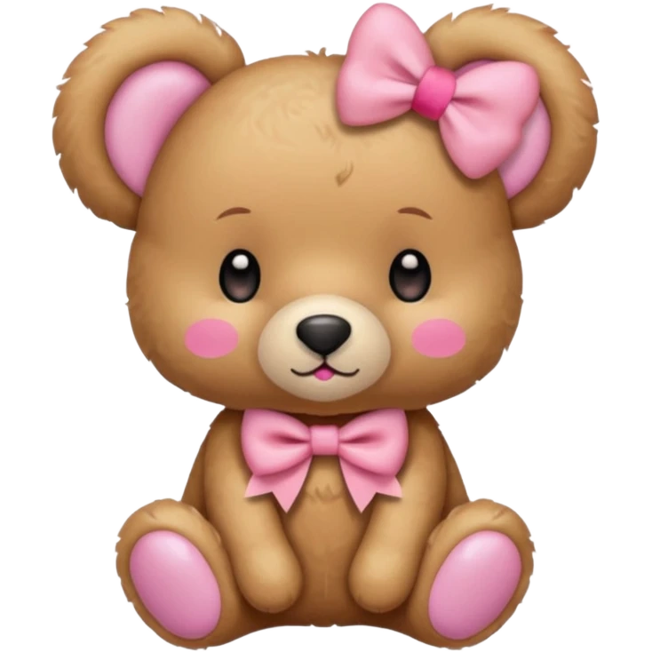 The og emoji teddy bear eith some pink blush and a cute pink coquette bow in the ear emoji
