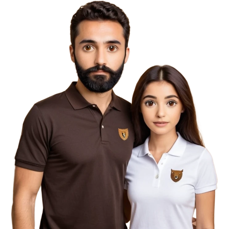 Tente de novo.Crie um casal - Homem branco de cabelo liso e olhos marrom, com barba, expressão séria usando camiseta polo preta e mulher de pele branca cabelo cacheado marrom longo e olhos mel, usando uma regata branca, quero ela sorrindo emoji