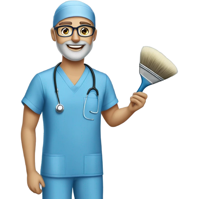 male blond doctor in scrub cap with grey van dyke beard with hazel eyes and small wire-rimmed glasses in blue scrubs holding a large paintbrush emoji