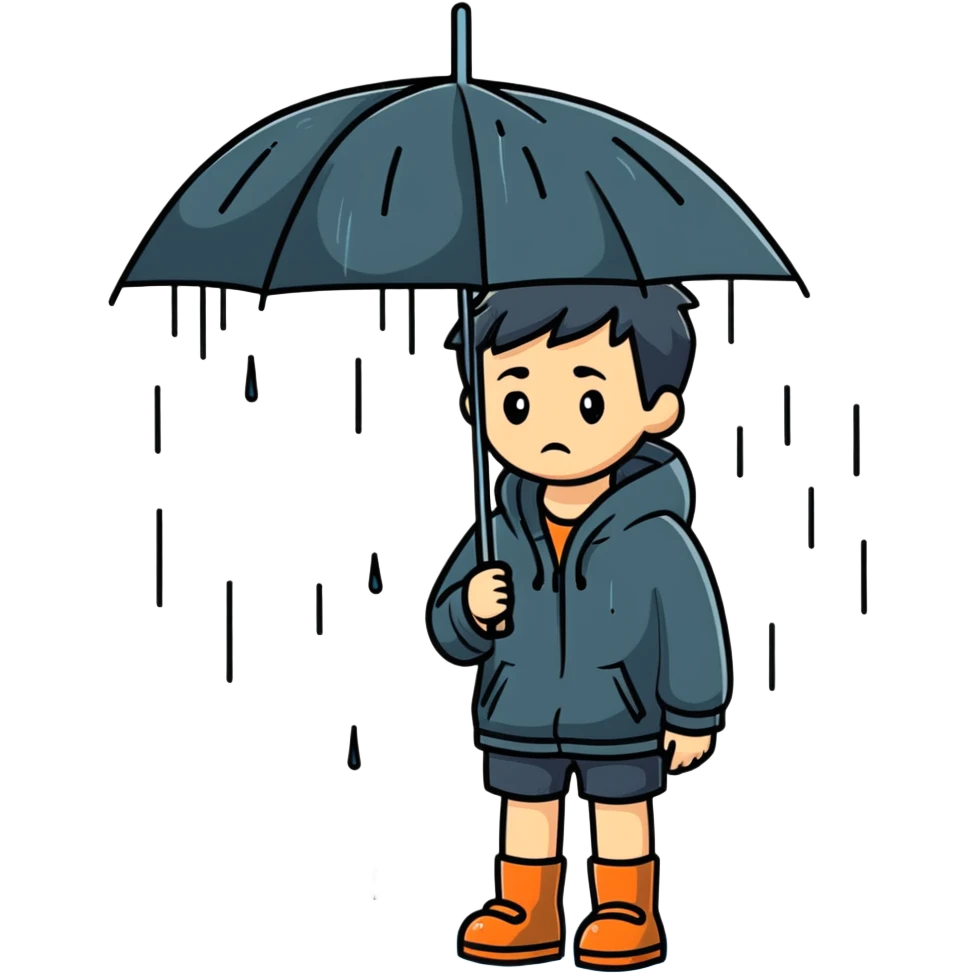 Boy standing alone in the pouring rain, looking sad emoji