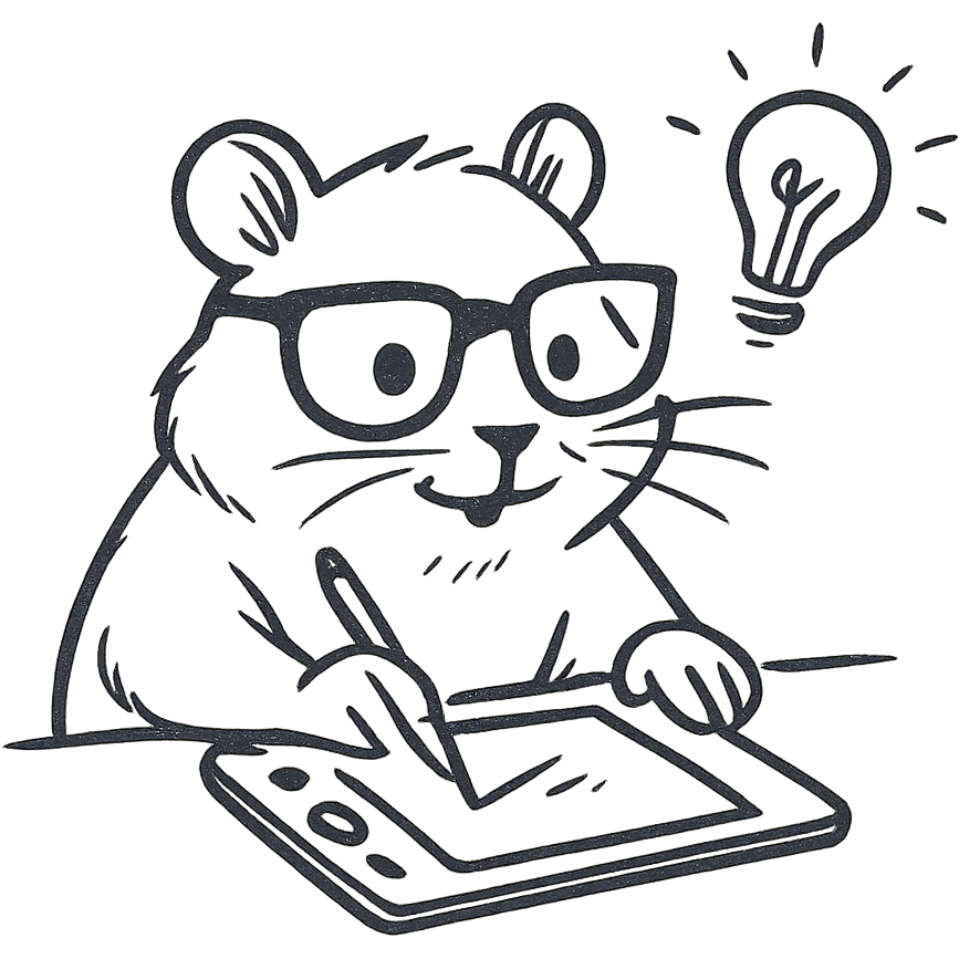 unique, hand-drawn modern semi-realistic hamster with cool glasses, creating a design or making animations, showing creative action, solid black background, personally illustrated style emoji