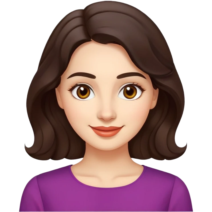 Warm enthusiastic woman with light skin, oval face, soft defined features, large expressive brown eyes, medium arched eyebrows, small nose, medium lips with relaxed smile, long wavy dark brown hair styled simply, wearing a soft vibrant colored elegant blouse emoji