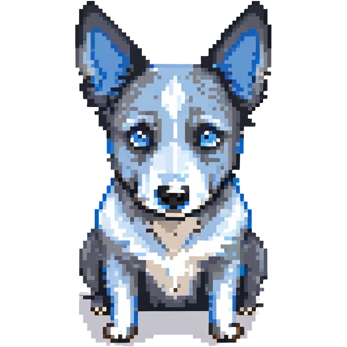 pixel art black grey and white blue heeler dog standing with alert ears simple background emoji
