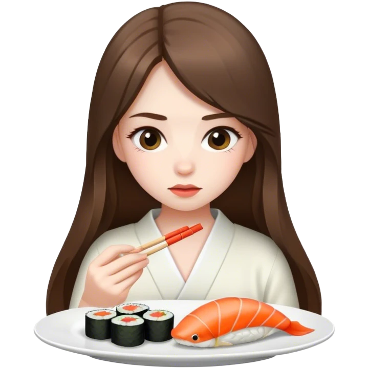 pale brunette girl with long looking down eating sushi emoji