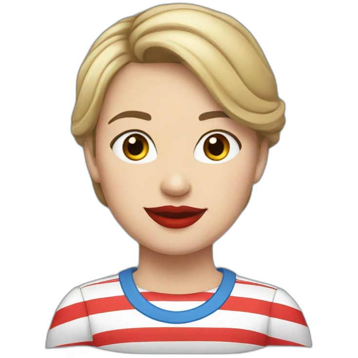 caucasian woman with red lips dark brown hair, bob haircut, braces on teeth, blue and white striped t shirt emoji