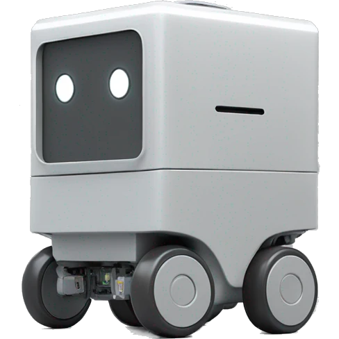 solid horizontal rectangle gray delivery robot with white circle white led eyes and opening lid on 4 wheels, minimalistic design emoji