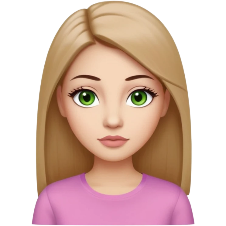 Adult woman avatar, light skin tone, oval face, long straight brown hair, green almond-shaped eyes with dramatic eyelashes and minimal eyeliner, neutral mouth, medium straight eyebrows, small nose, natural pink lips, smooth skin with light natural blush emoji