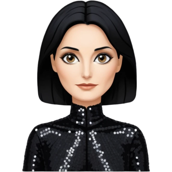 Carrie-Anne Moss with black hair, black sequin outfit emoji