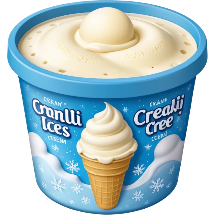 A creamy ice cream tub with a minimalist printed label showing flavor name and brand logo, sitting inside a store freezer. The lid and sides of the container have small frost crystals and condensation. Realistic photography style with soft lighting and a cool-toned background. emoji