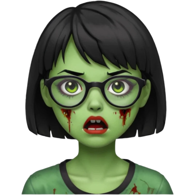 faça uma menina zumbi,da cor verde,com o cabelo curto preto até o pescoço,franja,óculos pretos,olhos escuros,boca meio aberta e alguns machucados pelo rosto emoji