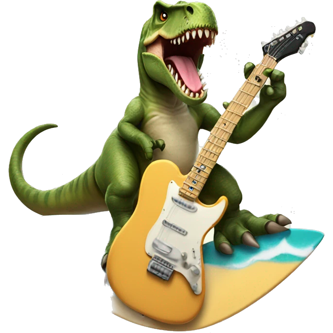 T rex on a surfboard playing a guitar  emoji