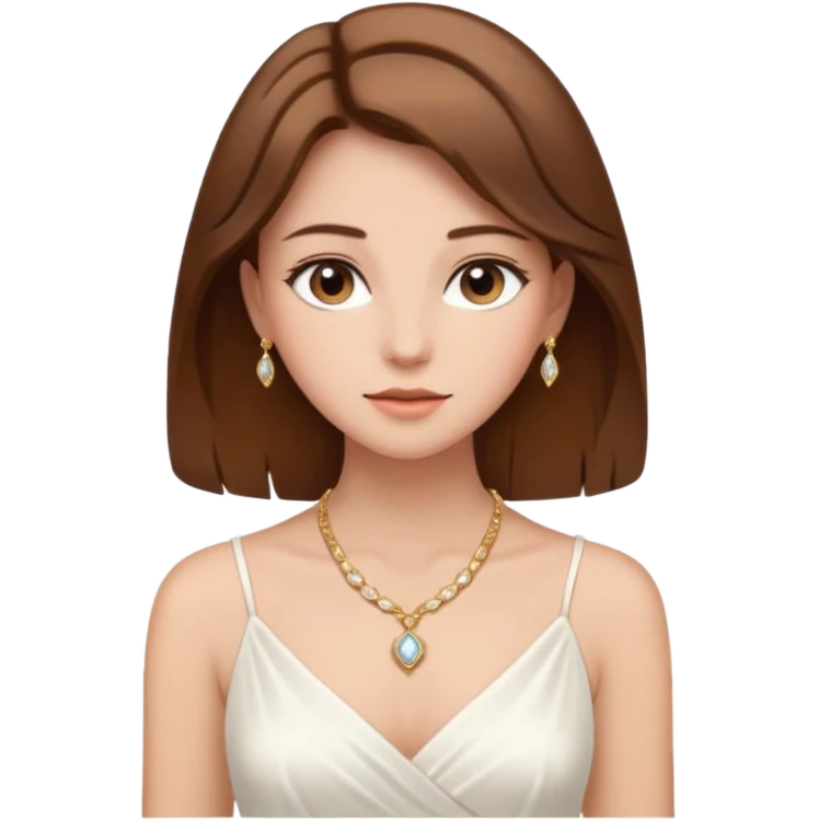a middle brown hair girl with elegant white dress, wearing necklace, wearing makeup emoji