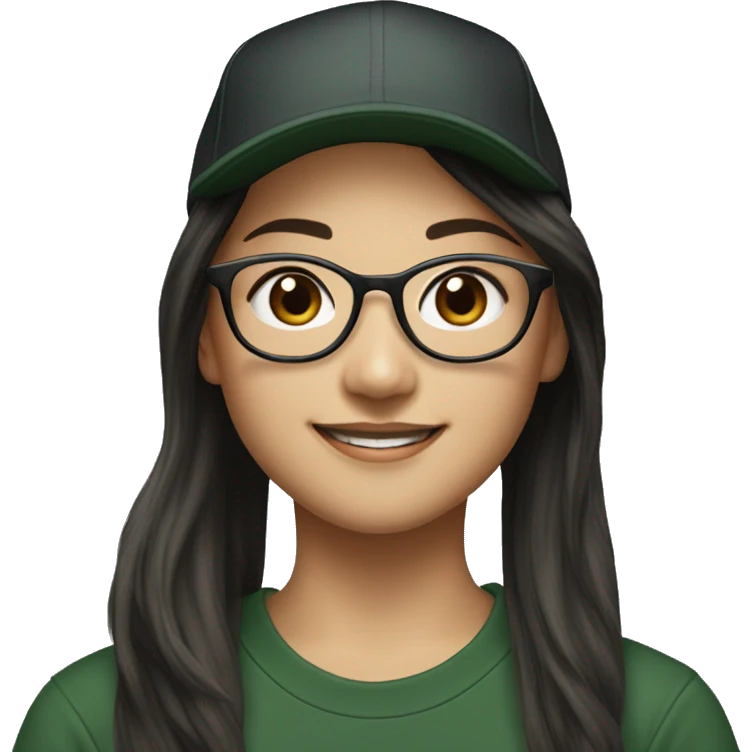 Hyper realistic, look from side, asian girl, light white skin, smiling with teeth, black eyes, spotted frame glasses, long brown straight hair with highlighted strands, black T-shirt, dark green cap. emoji