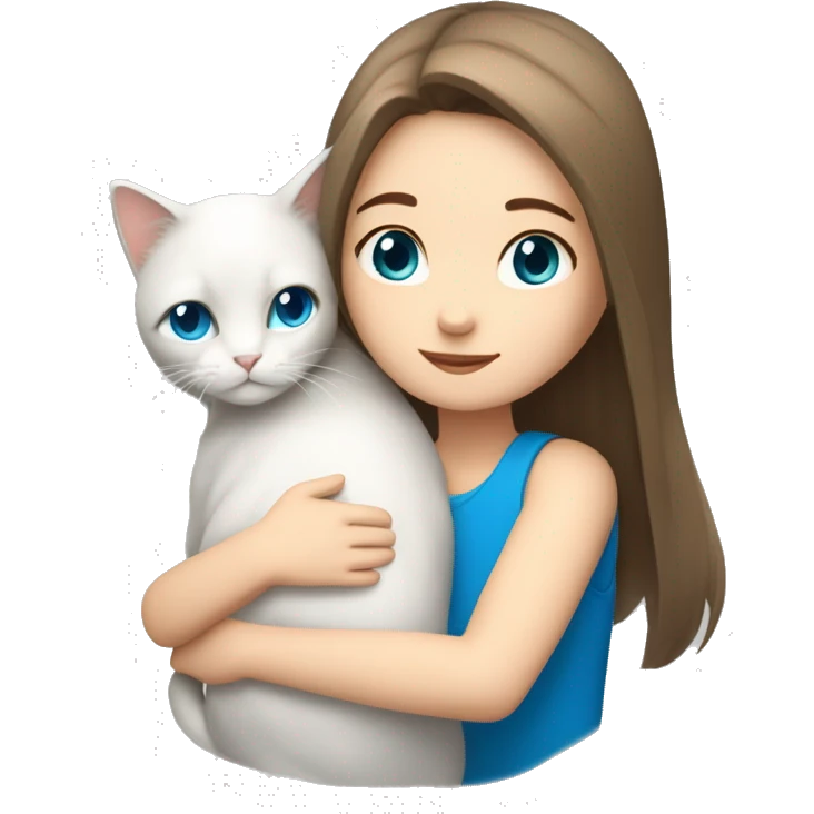 brown hair girl with straight hair and blue eyes hugging a white longhair cat emoji