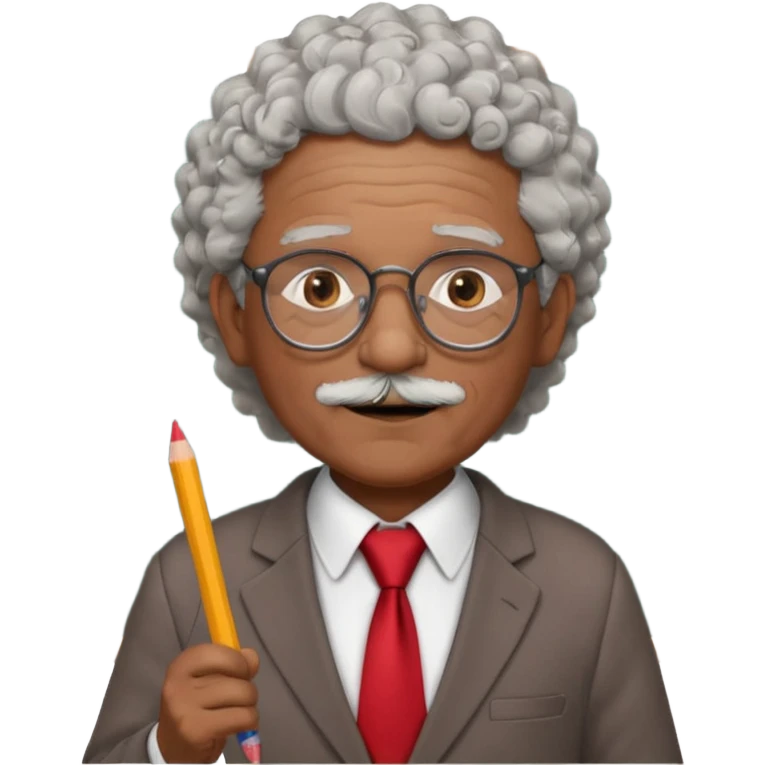 old man teacher, brown skin, curly grey white hai, wearing glasses, brown suit, red tie hold chalk on hand emoji