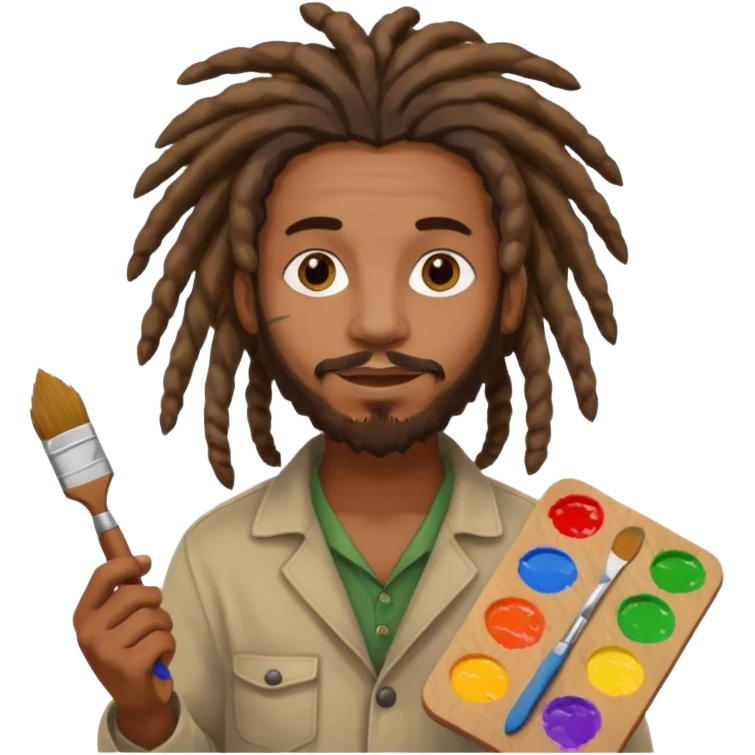 man artist with dreadlock, holding painter and color pallete emoji