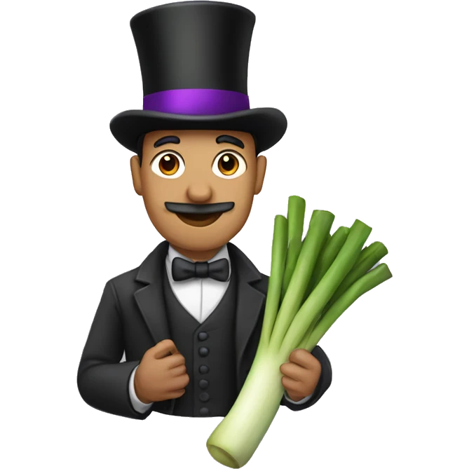 Man holding a leek with his hands with a top hat that has a purple band emoji