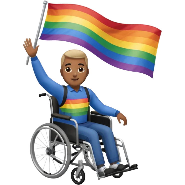A black guy in a wheelchair waving a gay flag emoji