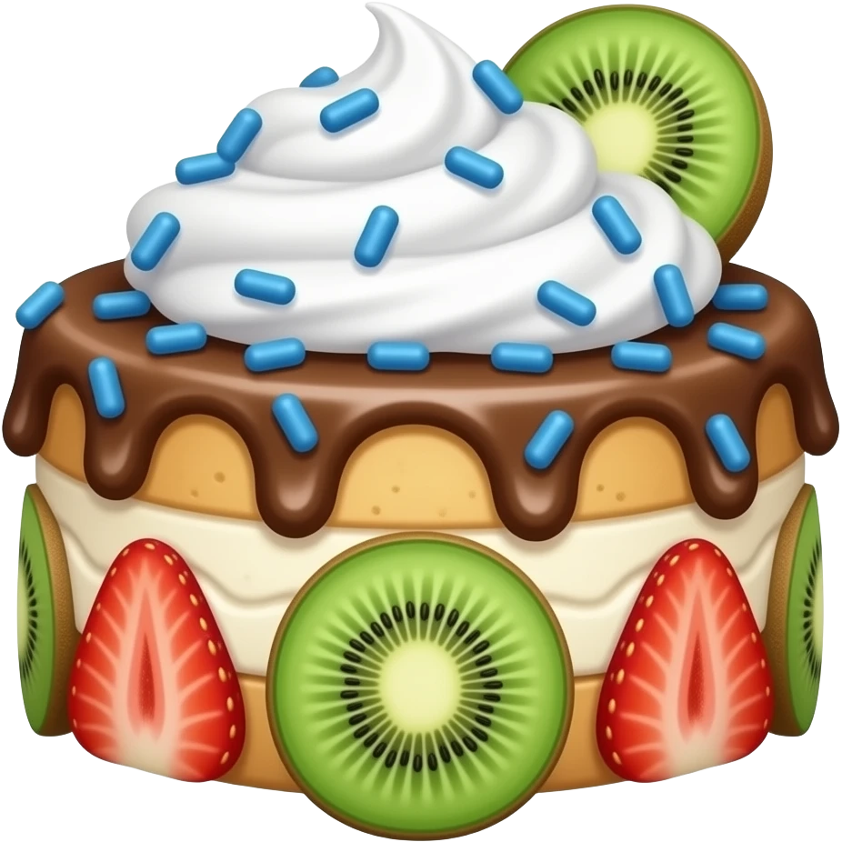 Edible pearls with kiwi pureé and kiwi chopped into mini slices on strawberries and whipped cream with chocolate sauce drizzled all over and blue sprinkles all over emoji