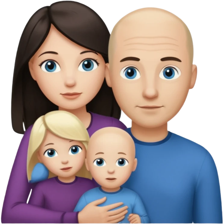 Eigene Familienbild, Frau dunkle lange Haare,  Mann Glatze und blaue Augen, kind 2 Jahre und blond und dunkle Augen  emoji