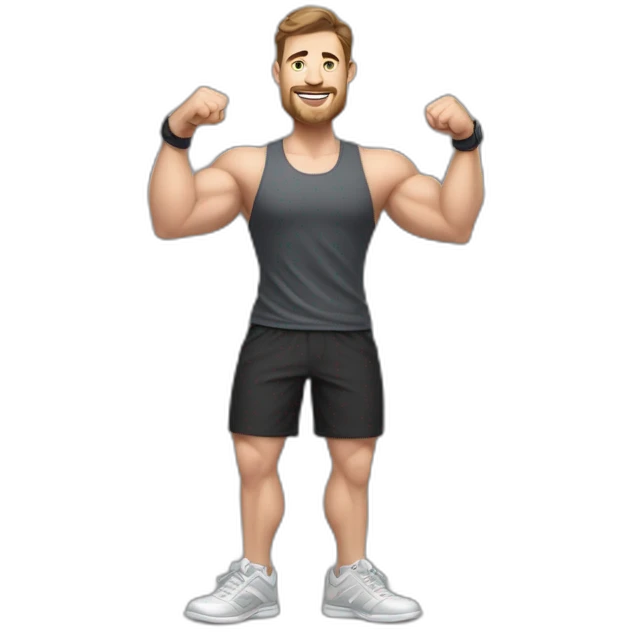 Full height realistic Actively gesturing with hands Pale skinned Fit Man With the biceps and brown hair in dark gray Sleeveless Mike, black oversize sports shorts, watch and white Sneakers emoji