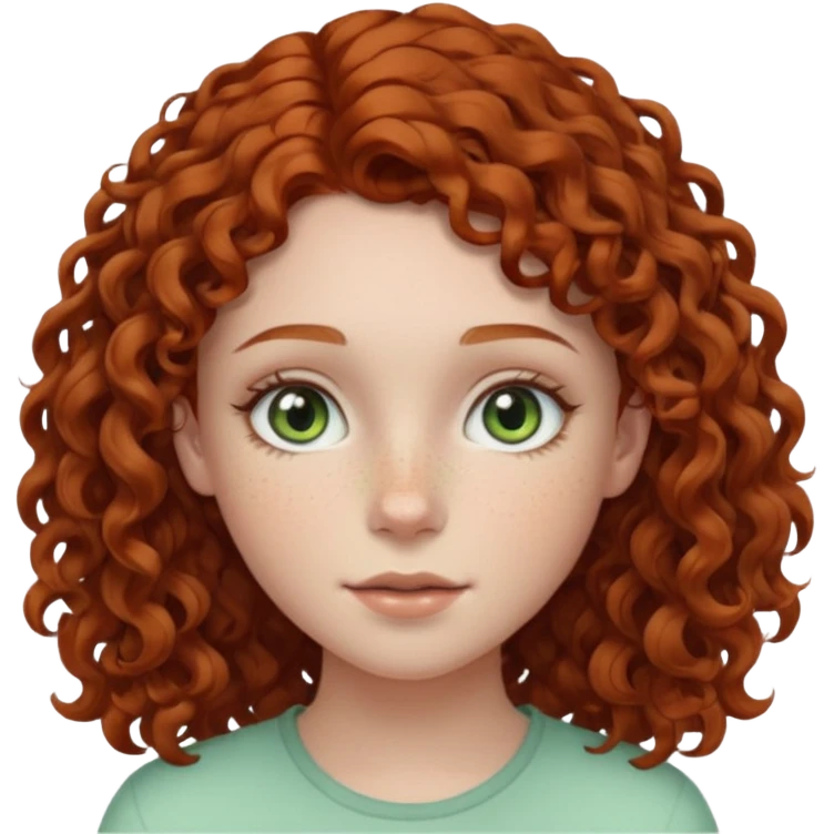 pale teen girl with light green eyes and freckles that has curly auburn hair in a middle part emoji