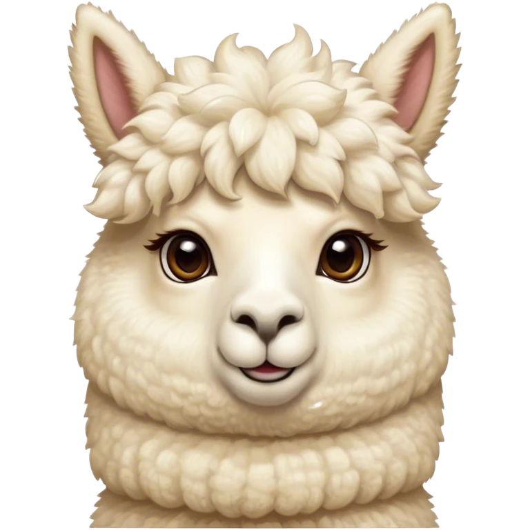 Cinematic Cute Cream Alpaca Portrait Emoji, Head tilted playfully and inquisitively, featuring a fluffy, cream fleece with a natural sheen, round, sparkling gentle eyes filled with curiosity, Simplified yet irresistibly adorable features, highly detailed, glowing with a warm, friendly glow, high shine, affectionate and gentle, stylized with a touch of whimsy, bright and endearing, soft glowing outline, capturing the essence of a mischievous yet loving alpaca, so playful it feels like it could prance out of the screen and into your arms! emoji