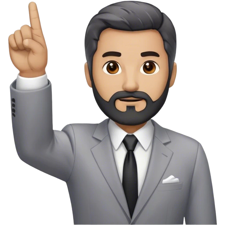 Emoji-style cartoon man, 50s, black beard with gray streaks and white, wearing a business suit. Raises right index finger upward (↑) to signal 'attention!' Looks Дмитрий Шумейко emoji