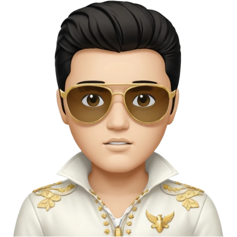 A boy with an Elvis Presley mask with sunglasses dressed as Elvis Presley emoji