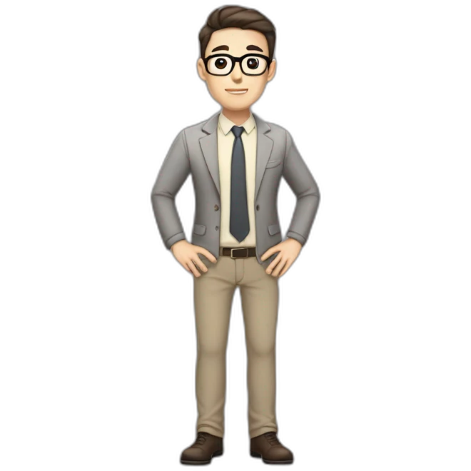 Full height Pale skinned Fit Man With dark brown hair in gray jacket, beige office shirt, tie, Brown pants and vintage glasses. Thrumbs of his palms directed up emoji