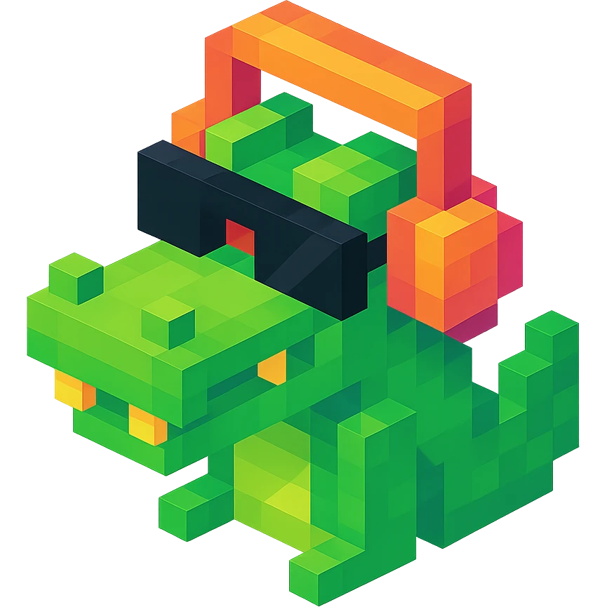 voxel style crocodile with headphones and sunglasses, isometric view emoji