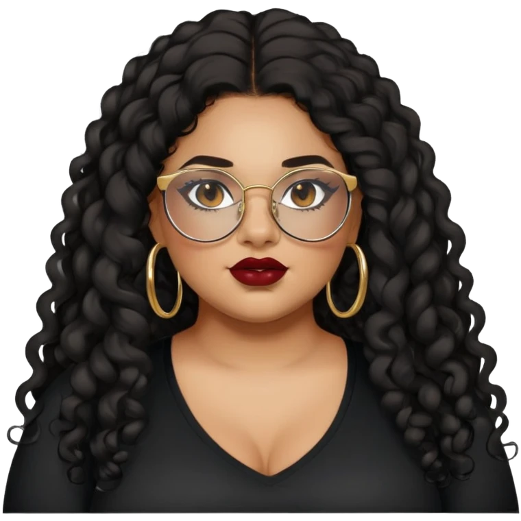 teen big plus size, latina, darker tan skin, gold hoops, long black curly hair, baddie,pretty, makeup, dark red lipgloss, black eyeliner, long hair, black shirt, black glasses emoji