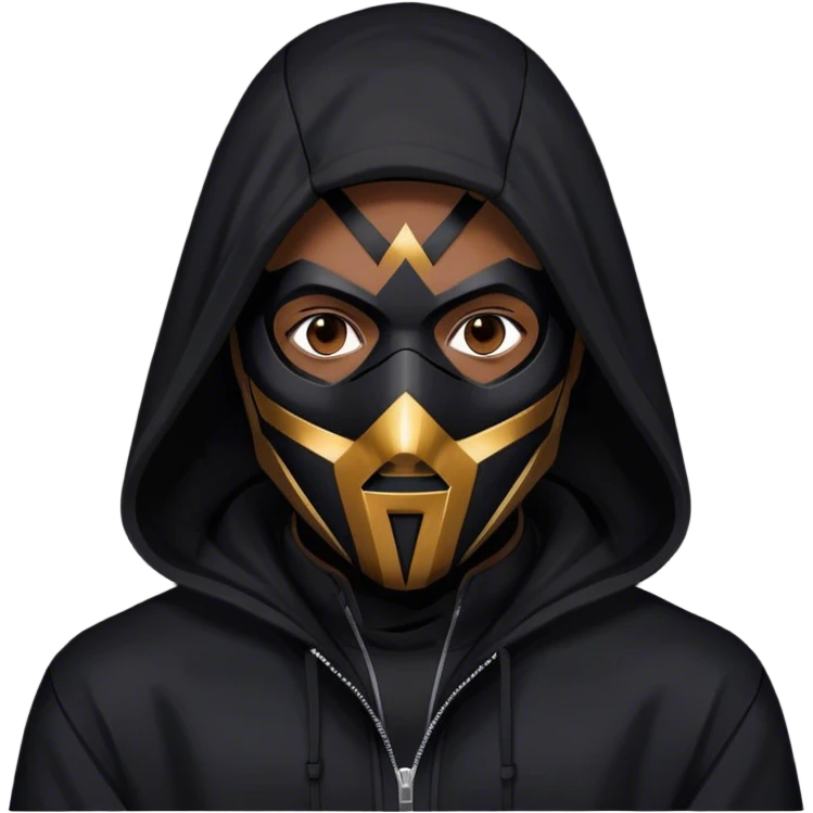 man with black hooded jacket and a full-black full-face geometric mask emoji