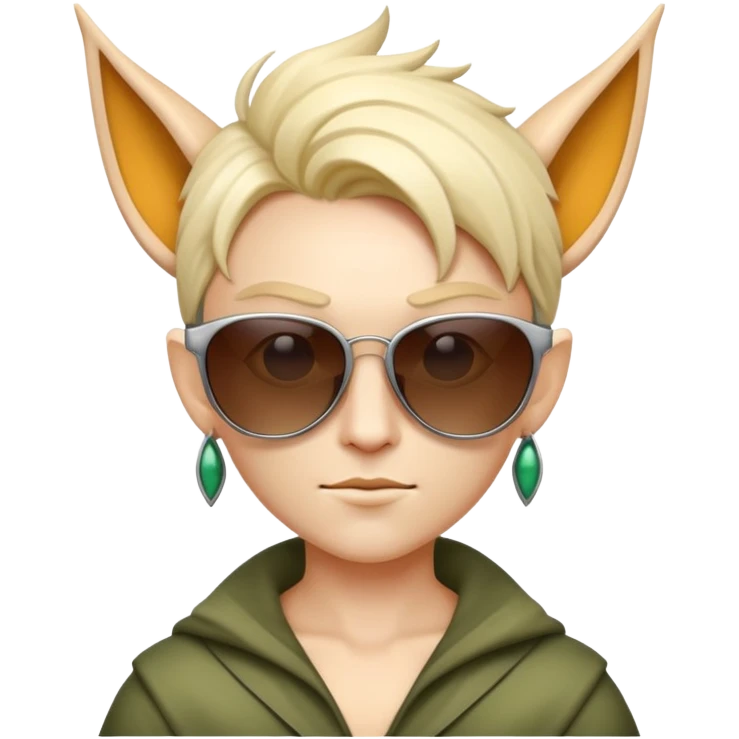 Create a fantasy-style emoji of a character inspired by the high Fae archetype, featuring pointed ears and sharp, majestic features. The emoji should be wearing oversized, stylish sunglasses, adding a touch of modern flair. Make sure the expression is confident and slightly enigmatic, perfect for conveying a sense of mystery and charm in digital conversations. emoji
