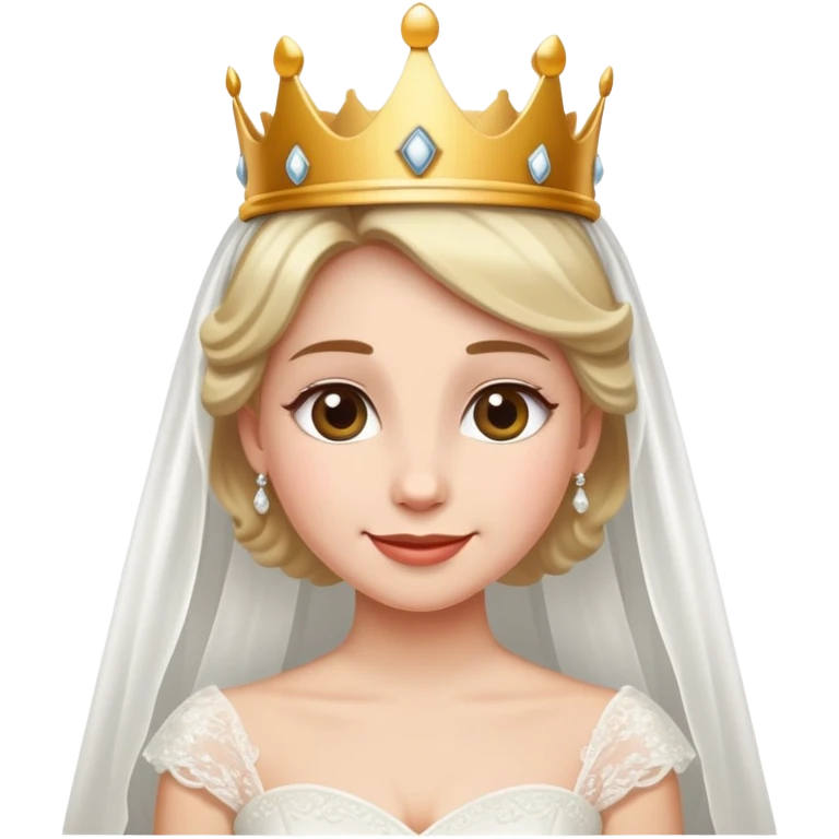 bride in a wedding dress with a small crown and sly smile, hinting at a secret, no explicit content emoji