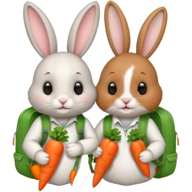  Two bunny brown & white, bunny with a green backpack, holding a carrot emoji