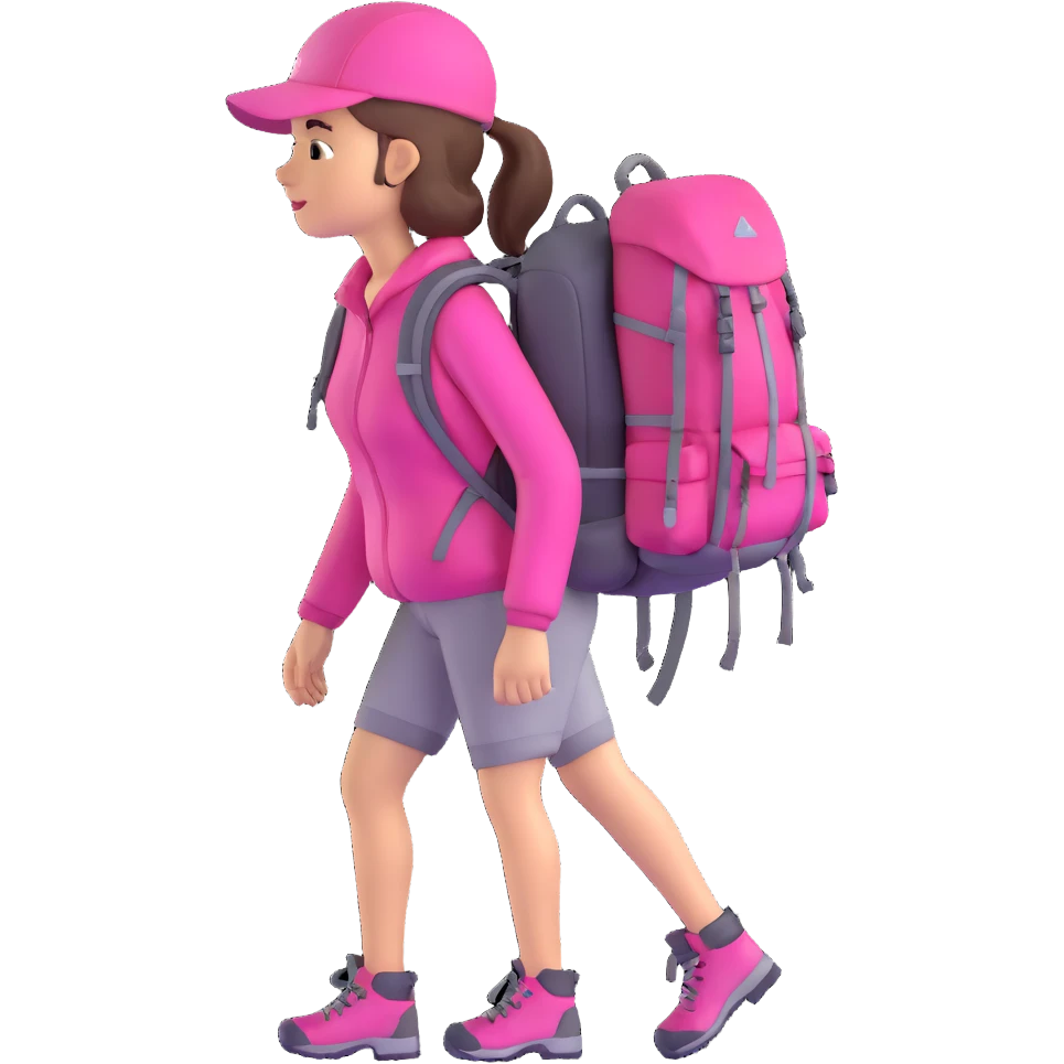 woman wearing pink clothes with hiking backpack emoji