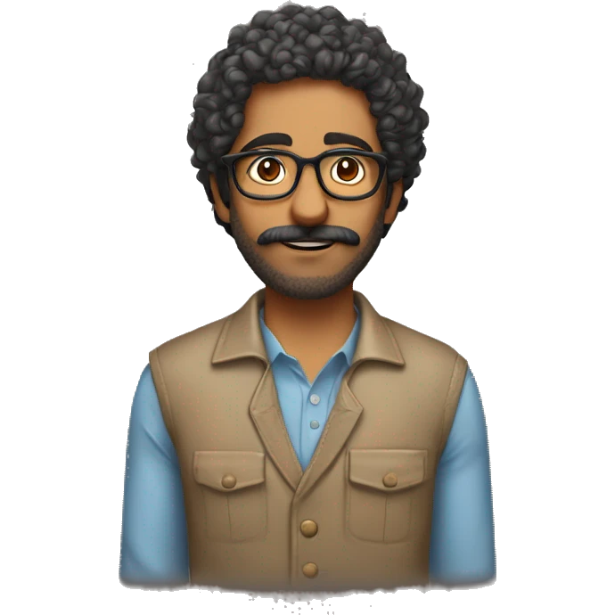 Indian man with glasses, curly hair to the shoulders, has a beard and moustache but its not a full beard and he wears glasses emoji