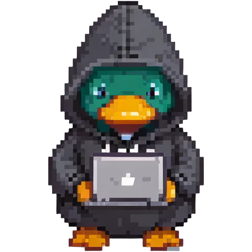 black rubber duck with tiny hoodie and a laptop, hacker emoji