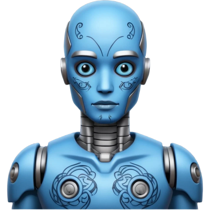 blue Tatooed robot, big many tatooes on chest, neck and face, tatoo on face emoji