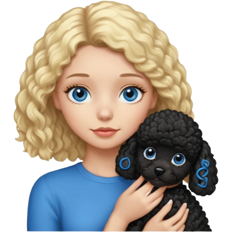 blonde girl with blue eyes holding black puppy poodle emoji
