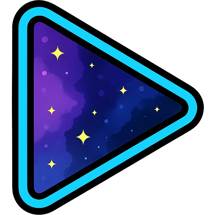 play icon, right-pointing triangle filled with purple and dark blue nebula, small bright stars, neon cyan or pink glowing border emoji
