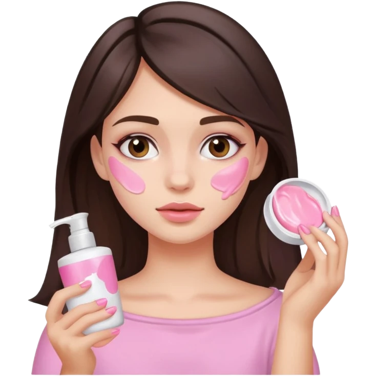Brunette girl, hair just below shoulder, holds face cream and smeared face in pink palette emoji
