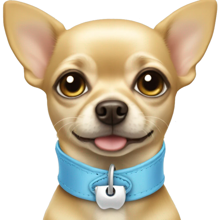 Blonde chihuahua with a light blue blowtie collar that says Oscar  emoji