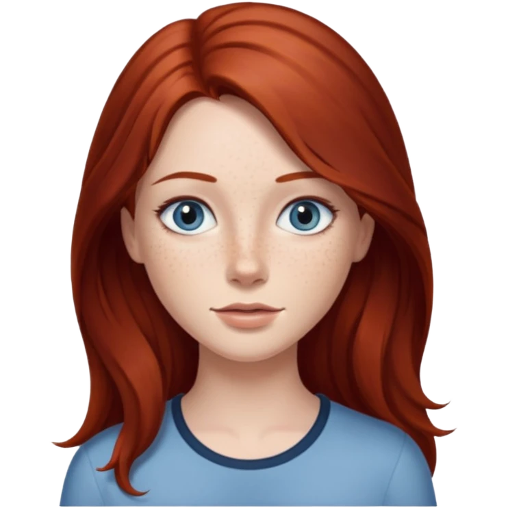 woman with long dark auburn red hair that is mostly straight but has slight waves to it. grey blue eyes. some freckles emoji