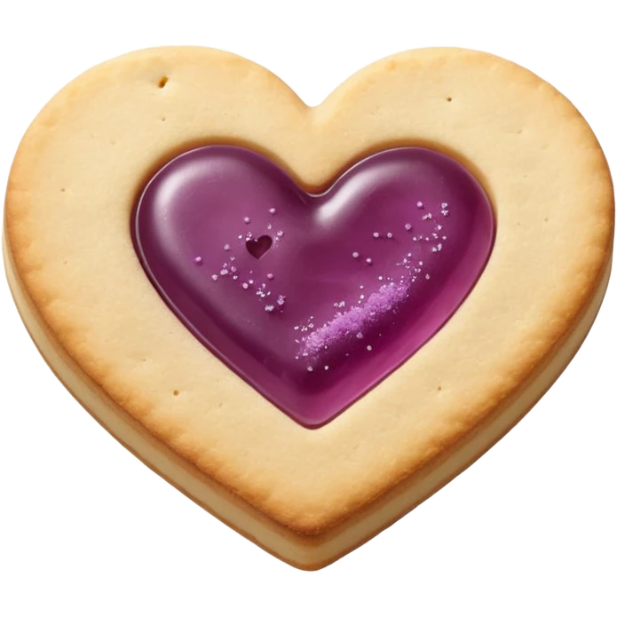 Realistic shortbread cookie in the shape of a heart with mauve jelly middle filling and sprinkled powder sugar on top. emoji