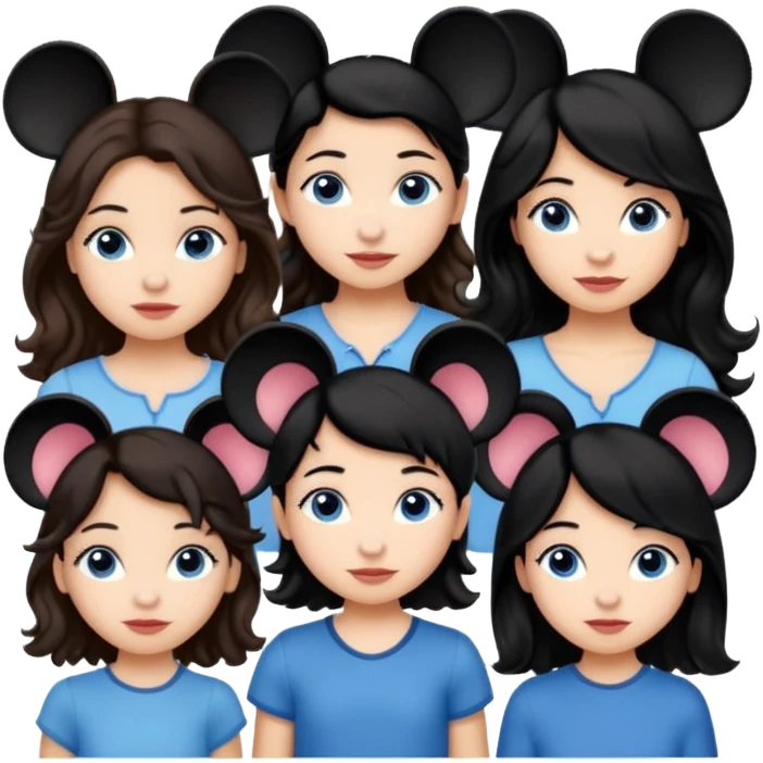 Algo de Disney y por detrás o delante pon a quatro chicas: una con el pelo largo rizado marrón , otra con el pelo muy corto negro, como un chico, otra con el pelo mediano liso marrón con ojos azulesy otra con el pelo negro largo liso . Todos son color carne. Es para el viaje emoji