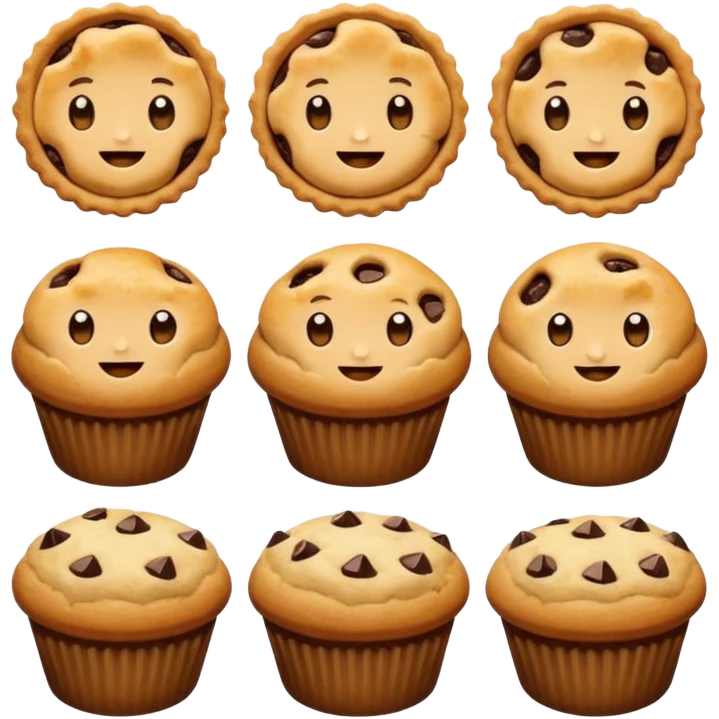 Baking humanless avatar in vibrant style illustration. Pie, cookie, and muffin warm golden tones, simple shapes, flat design, high contrast. emoji